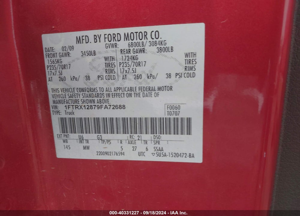 2009 FORD F-150 STX/XL/XLT VIN: 1FTRX12879FA72688