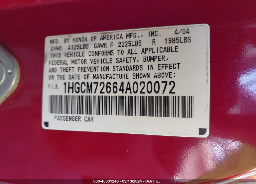 2004 HONDA ACCORD 2.4 EX VIN: 1HGCM72664A020072