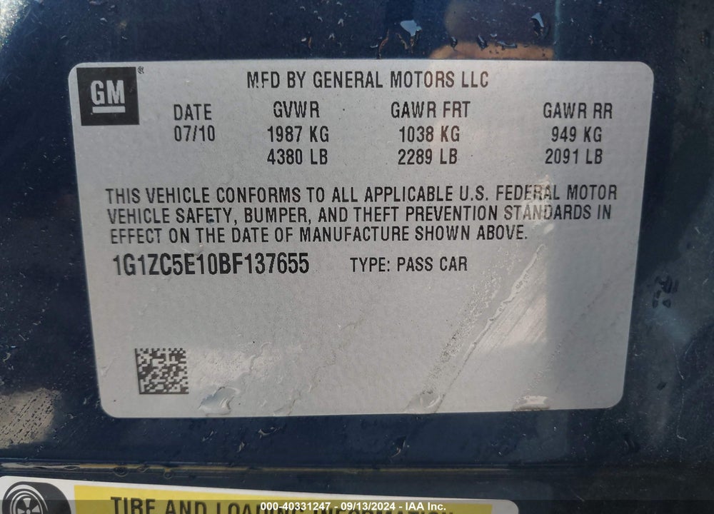 2011 CHEVROLET MALIBU 1LT VIN: 1G1ZC5E10BF137655