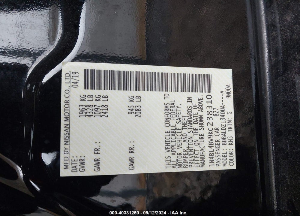 2019 NISSAN ALTIMA 2.5 S VIN: 1N4BL4BV9KC238310