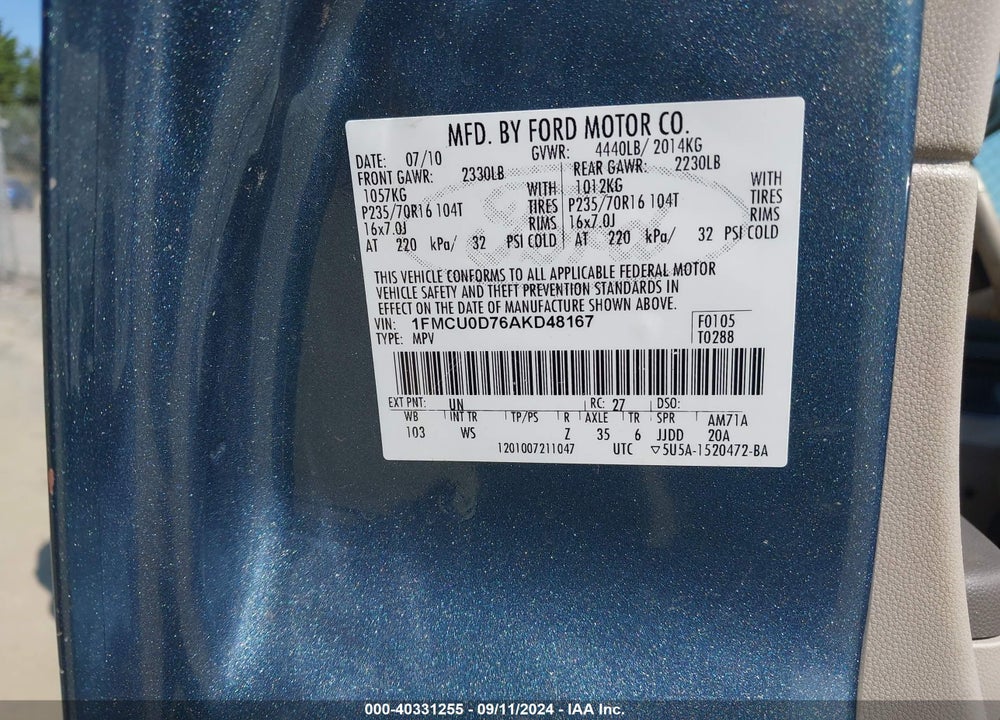 2010 FORD ESCAPE XLT VIN: 1FMCU0D76AKD48167