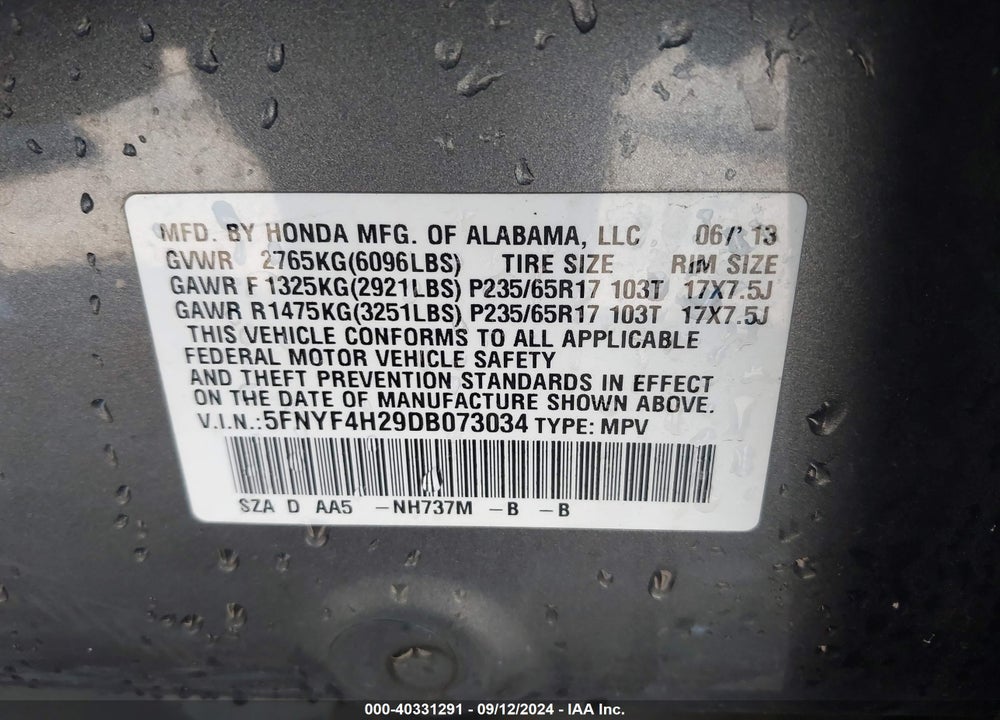 2013 HONDA PILOT LX VIN: 5FNYF4H29DB073034