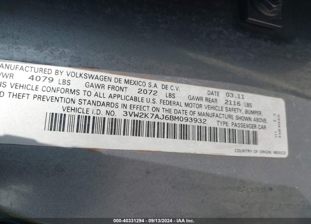 2011 VOLKSWAGEN JETTA 2.0L S VIN: 3VW2K7AJ6BM093932