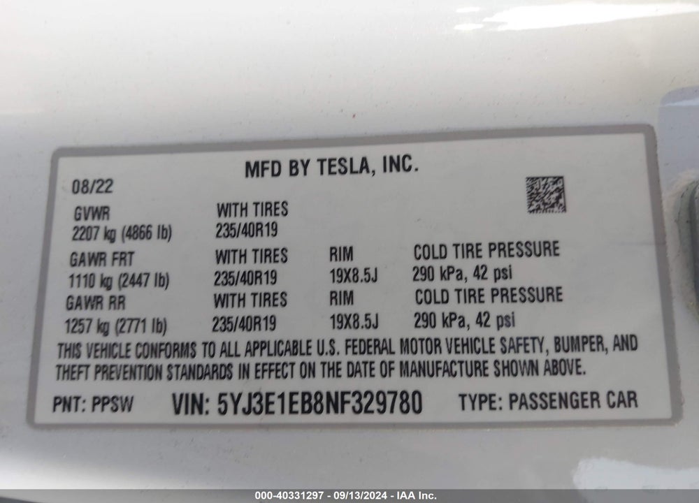 2022 TESLA MODEL 3 LONG RANGE DUAL MOTOR ALL-WHEEL DRIVE VIN: 5YJ3E1EB8NF329780