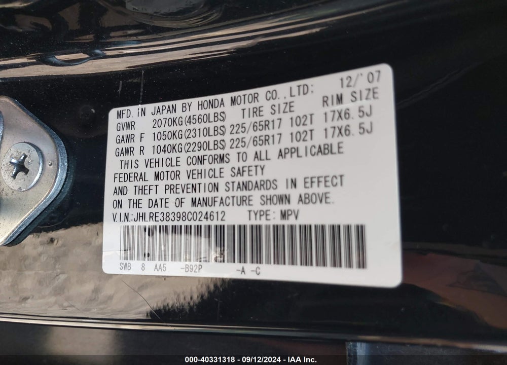 2008 HONDA CR-V LX VIN: JHLRE38398C024612