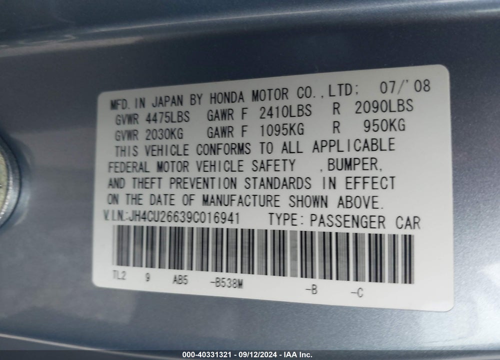 2009 ACURA TSX VIN: JH4CU26639C016941