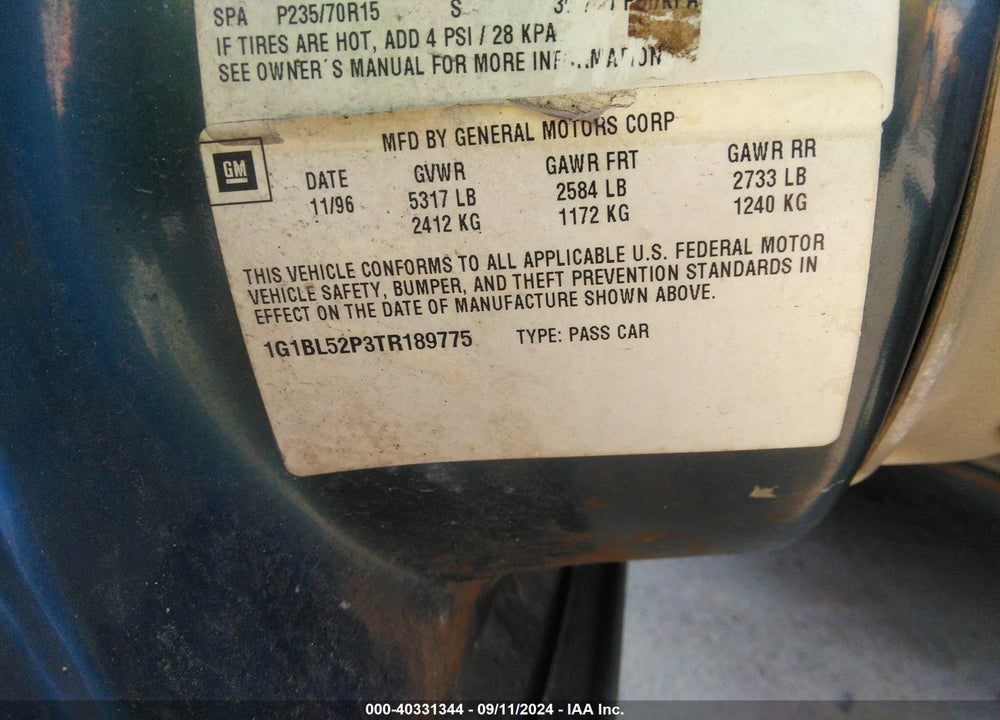 1996 CHEVROLET CAPRICE / IMPALA VIN: 1G1BL52P3TR189775