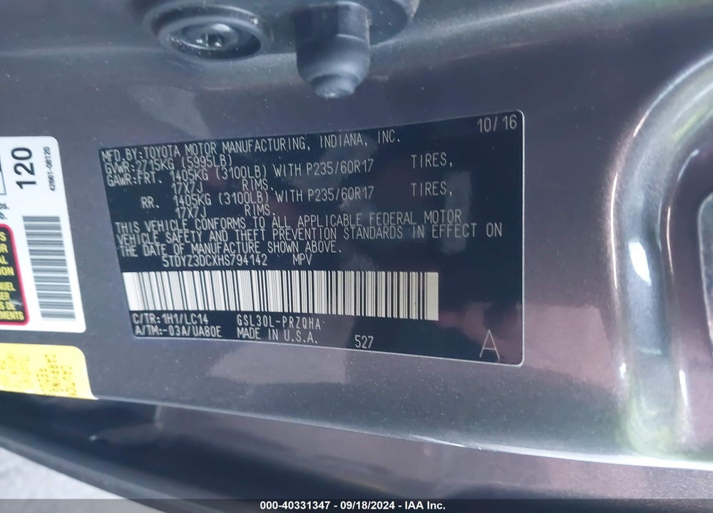 2017 TOYOTA SIENNA XLE PREMIUM 8 PASSENGER VIN: 5TDYZ3DCXHS794142