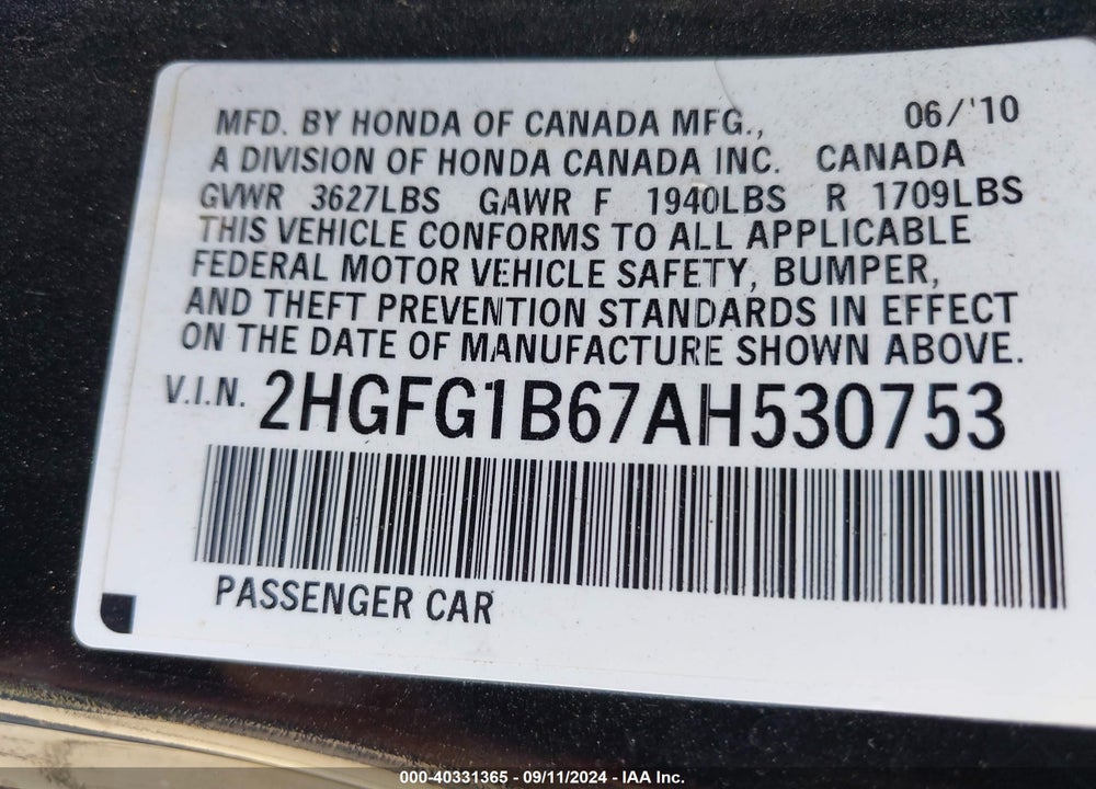 2010 HONDA CIVIC LX VIN: 2HGFG1B67AH530753
