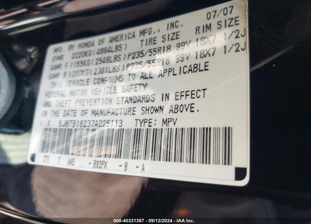 2007 ACURA RDX VIN: 5J8TB18237A025113