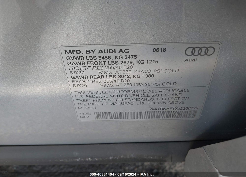 2018 AUDI Q5 2.0T PREMIUM/2.0T TECH PREMIUM VIN: WA1BNAFYXJ2206729