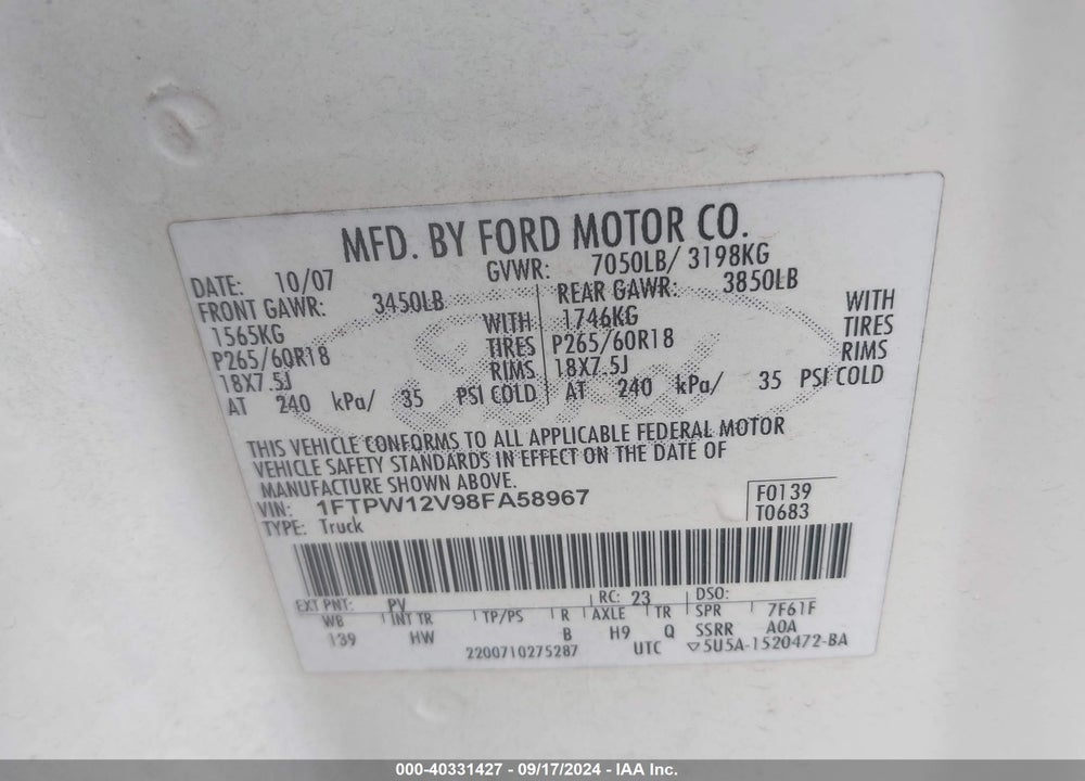 2008 FORD F-150 60TH ANNIVERSARY/FX2/KING RANCH/LARIAT/XLT VIN: 1FTPW12V98FA58967