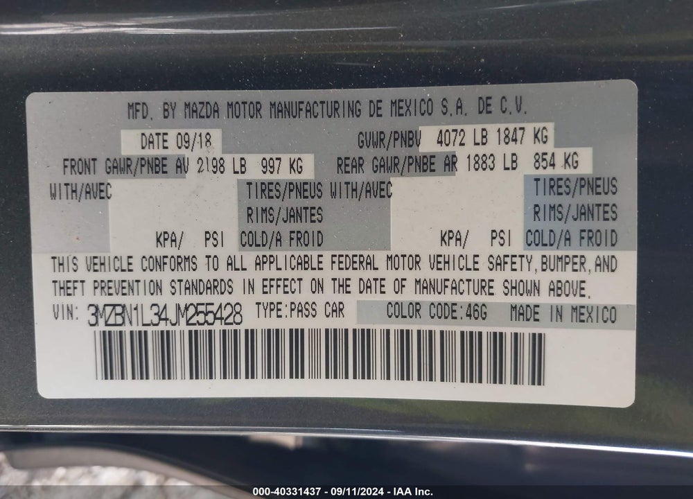2018 MAZDA 3 TOURING VIN: 3MZBN1L34JM255428
