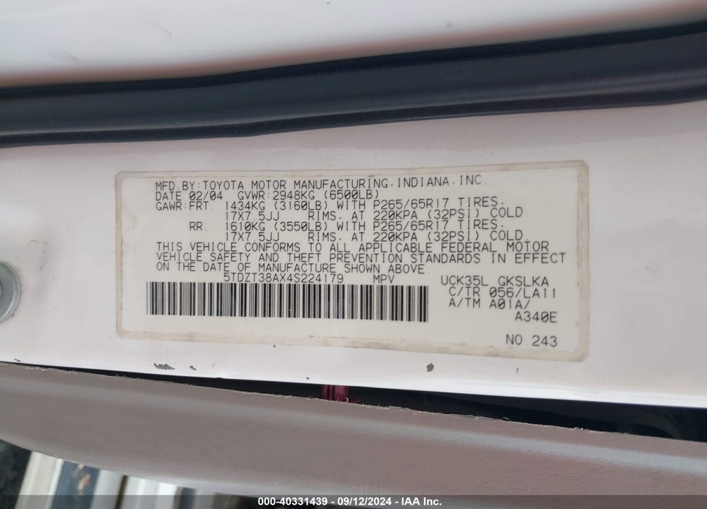 2004 TOYOTA SEQUOIA LIMITED V8 VIN: 5TDZT38AX4S224179