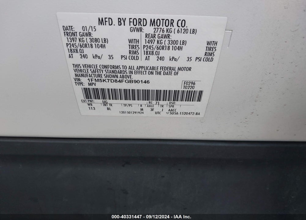 2015 FORD EXPLORER XLT VIN: 1FM5K7D84FGB90146