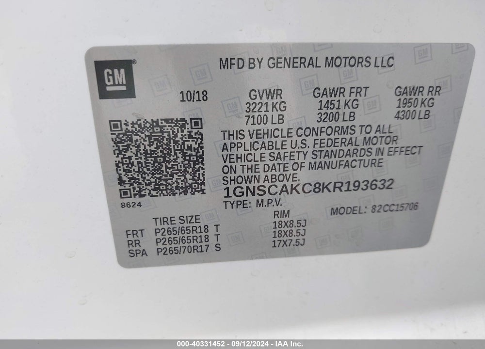 2019 CHEVROLET TAHOE LS VIN: 1GNSCAKC8KR193632