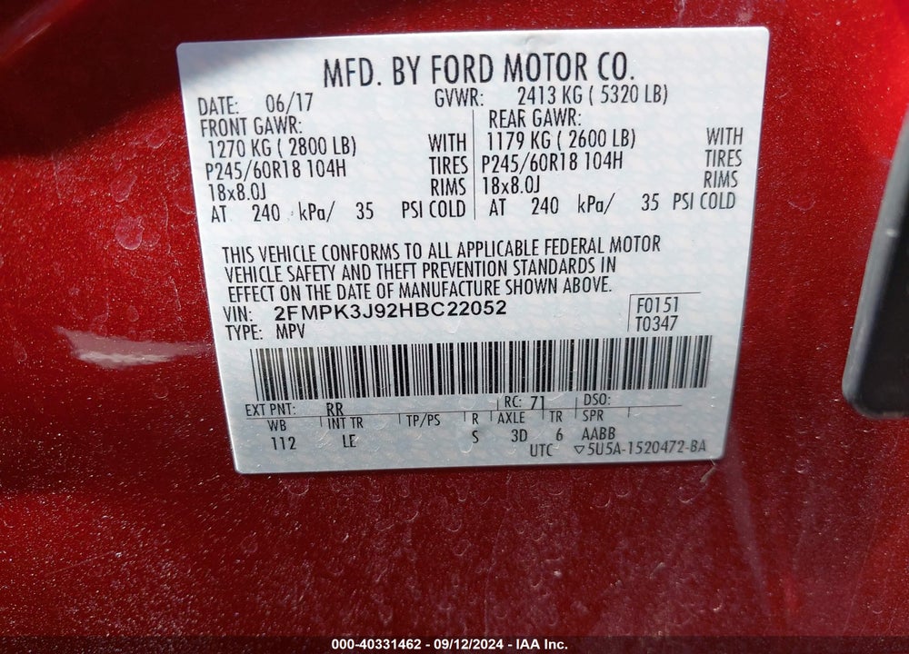 2017 FORD EDGE SEL VIN: 2FMPK3J92HBC22052