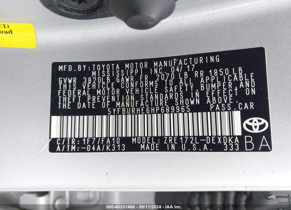 2017 TOYOTA COROLLA L VIN: 5YFBURHE6HP689965