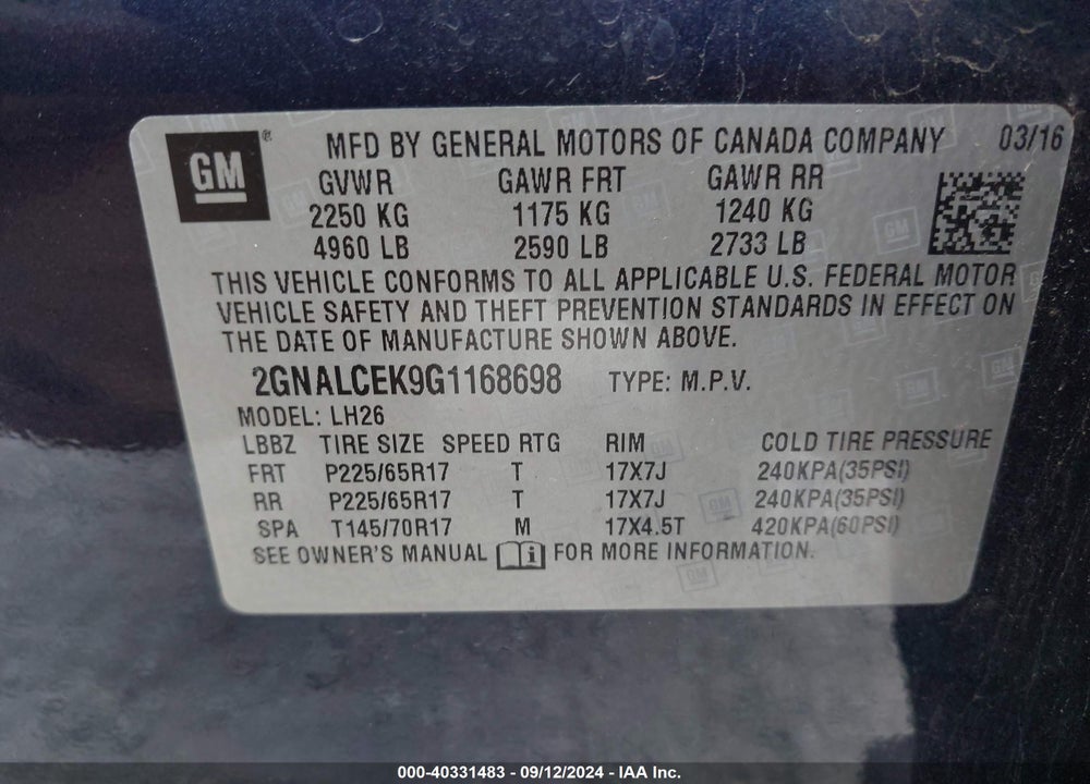 2016 CHEVROLET EQUINOX LT VIN: 2GNALCEK9G1168698