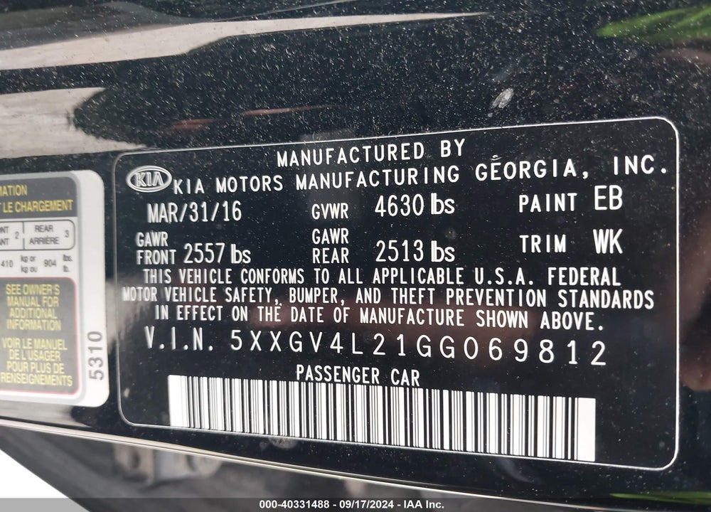2016 KIA OPTIMA SXL TURBO VIN: 5XXGV4L21GG069812