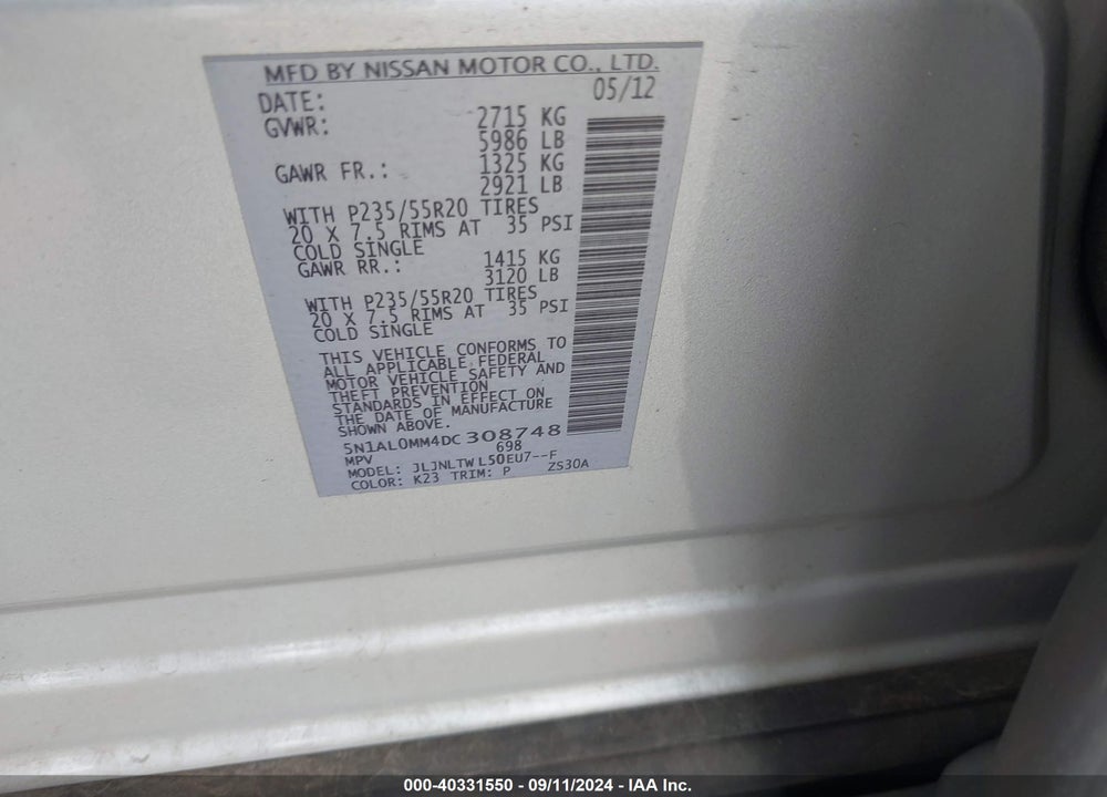 2013 INFINITI JX35 VIN: 5N1AL0MM4DC308748
