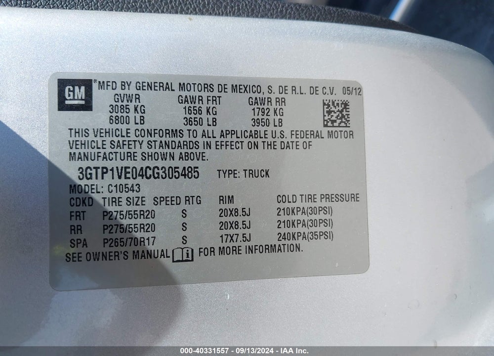 2012 GMC SIERRA 1500 SLE VIN: 3GTP1VE04CG305485