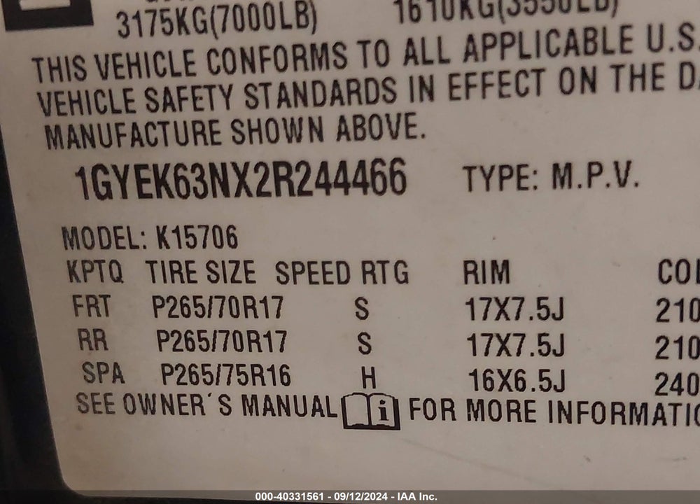 2002 CADILLAC ESCALADE STANDARD VIN: 1GYEK63NX2R244466