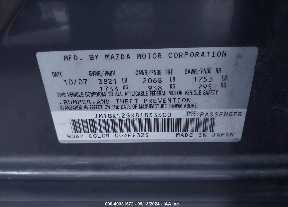 2008 MAZDA 3 I VIN: JM1BK12GX81833300