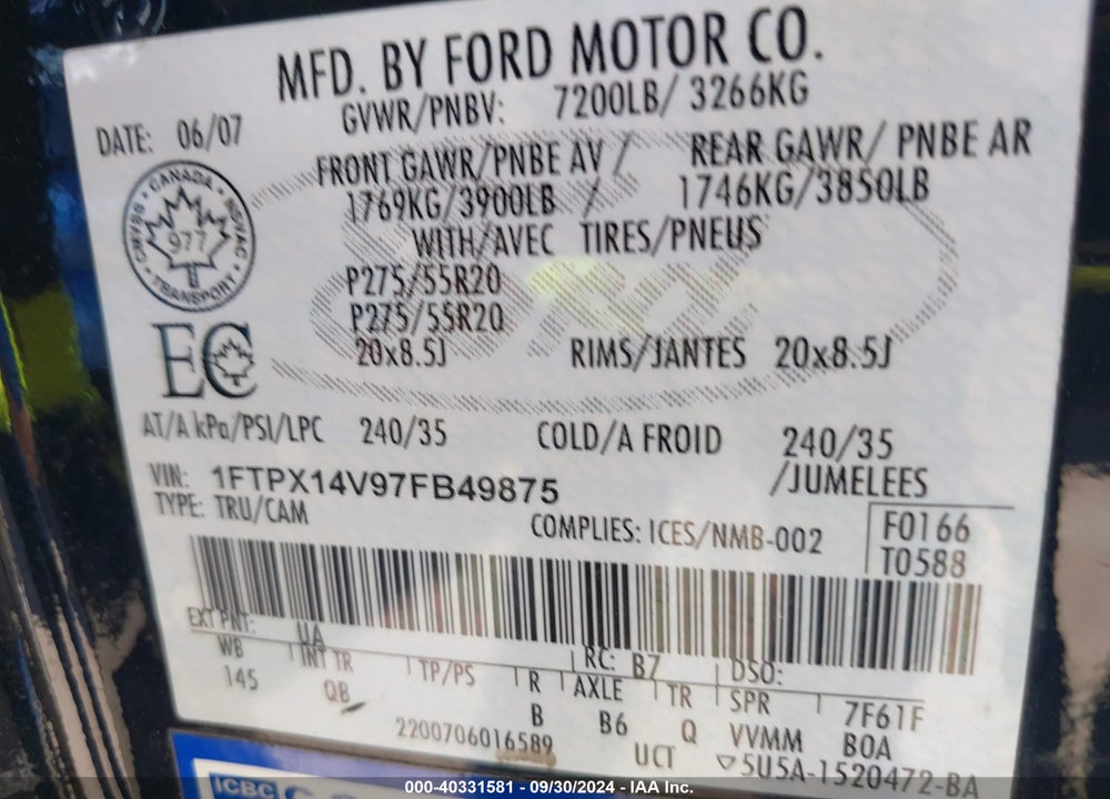2007 FORD F-150 FX4/LARIAT/XL/XLT VIN: 1FTPX14V97FB49875