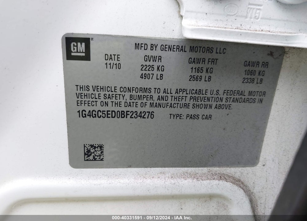 2011 BUICK LACROSSE CXL VIN: 1G4GC5ED0BF234276