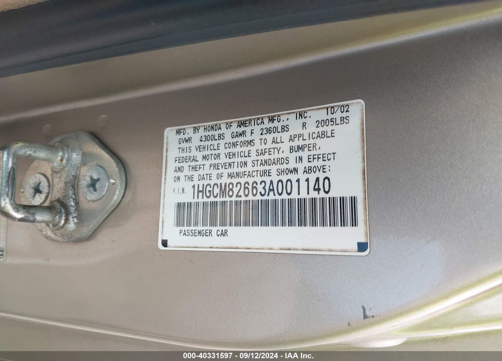 2003 HONDA ACCORD 3.0 EX VIN: 1HGCM82663A001140
