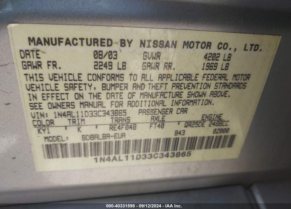 2003 NISSAN ALTIMA 2.5 S VIN: 1N4AL11D33C343865