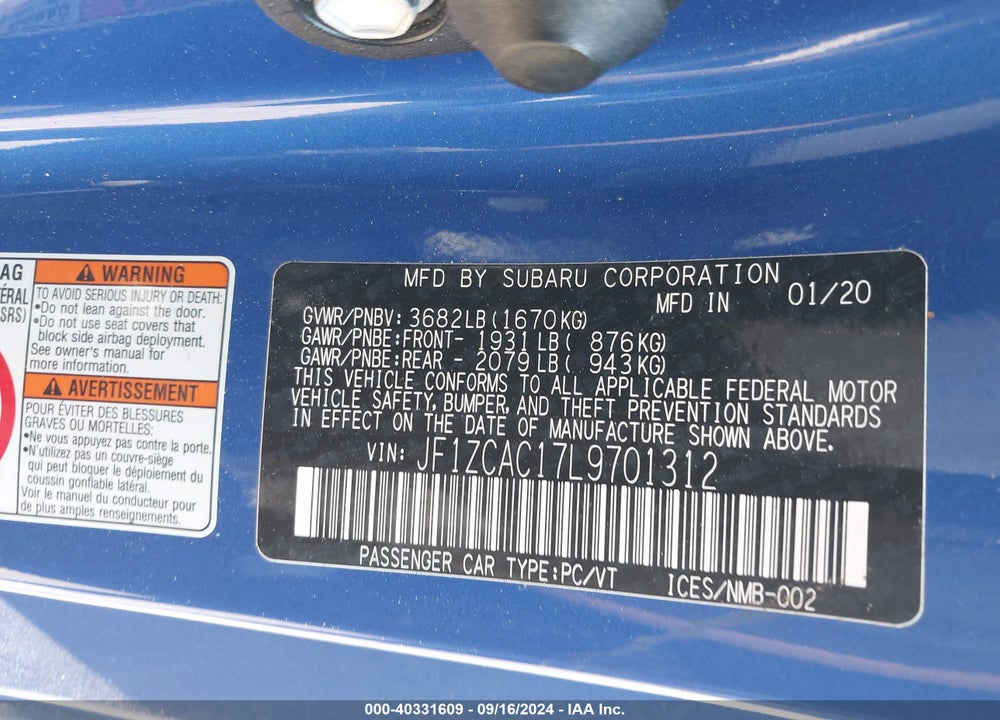 2020 SUBARU BRZ LIMITED VIN: JF1ZCAC17L9701312