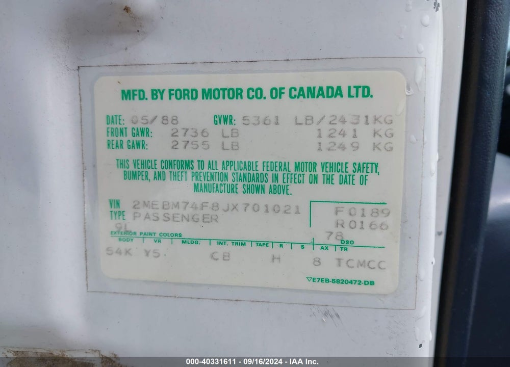 1988 MERCURY GRAND MARQUIS GS VIN: 2MEBM74F8JX701021