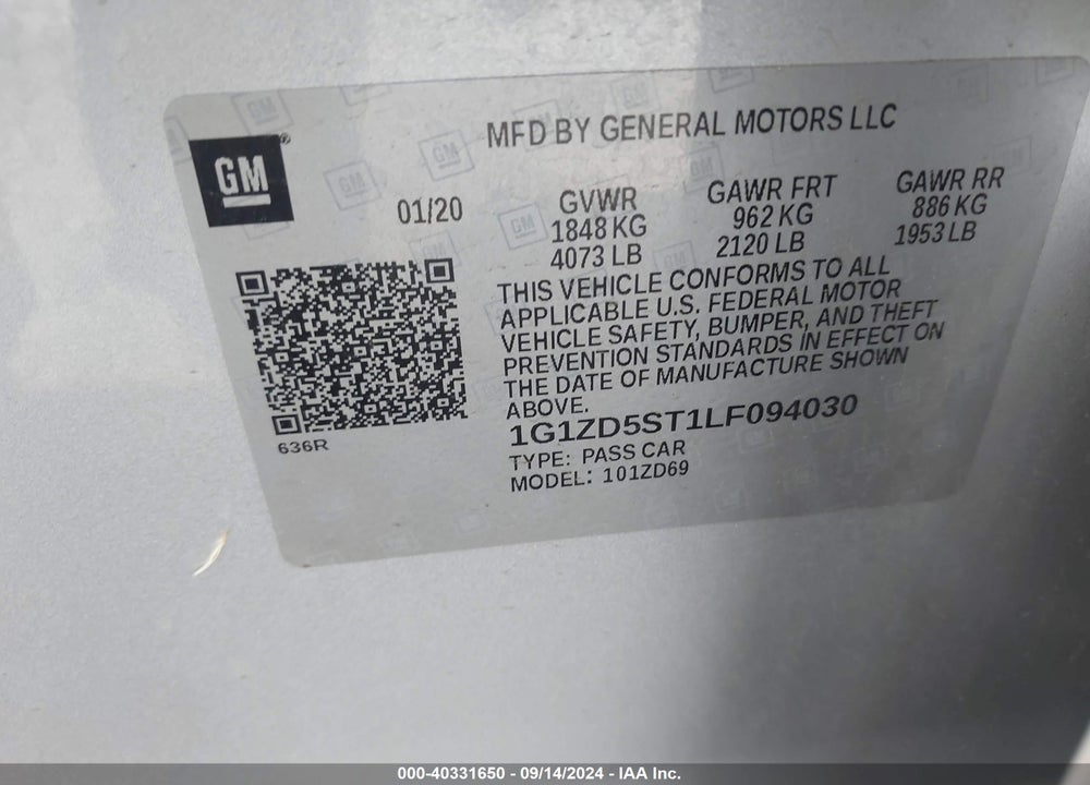 2020 CHEVROLET MALIBU FWD LT VIN: 1G1ZD5ST1LF094030