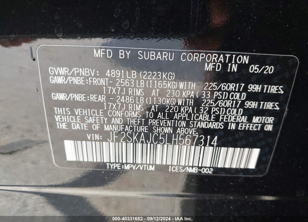 2020 SUBARU FORESTER PREMIUM VIN: JF2SKAJC5LH567314