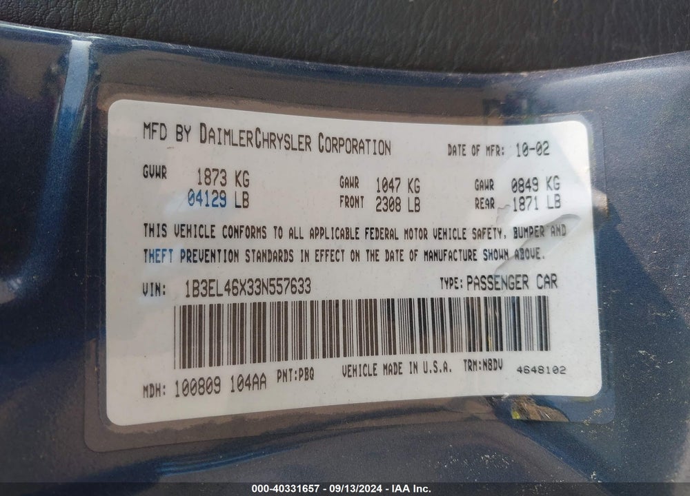 2003 DODGE STRATUS SXT VIN: 1B3EL46X33N557633