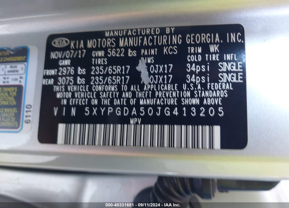 2018 KIA SORENTO VIN: 5XYPGDA50JG413205