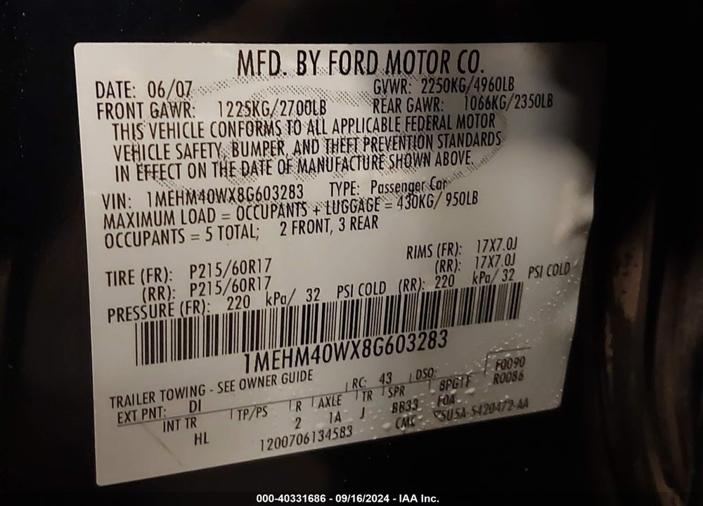 2008 MERCURY SABLE VIN: 1MEHM40WX8G603283