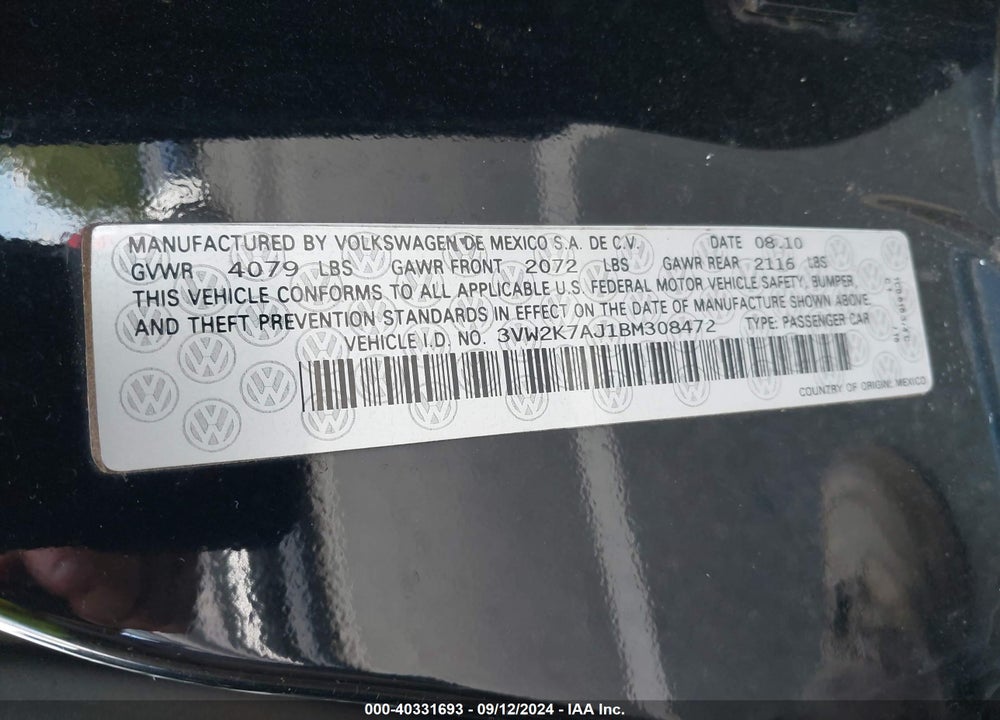2011 VOLKSWAGEN JETTA 2.0L S VIN: 3VW2K7AJ1BM308472