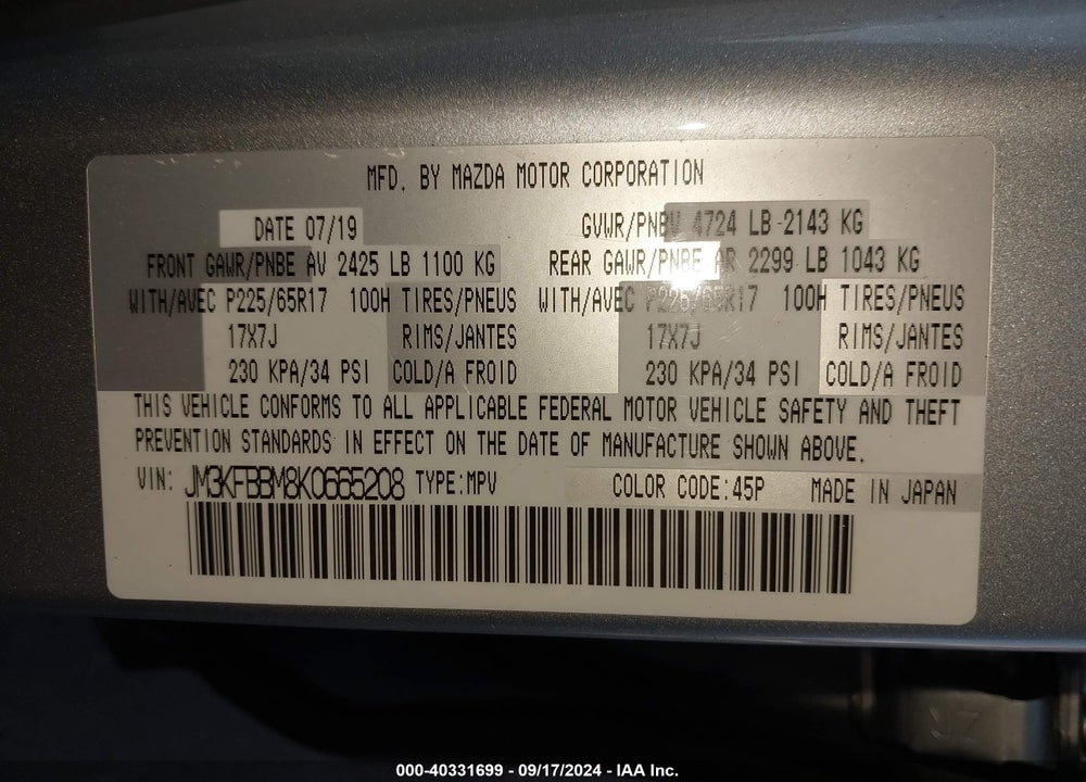 2019 MAZDA CX-5 SPORT VIN: JM3KFBBM8K0665208
