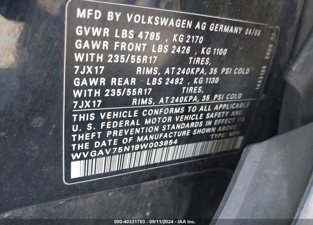 2009 VOLKSWAGEN TIGUAN S/SE/SEL VIN: WVGAV75N19W003854