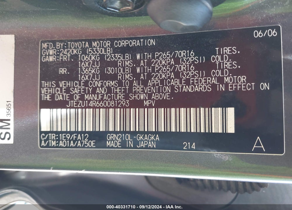 2006 TOYOTA 4RUNNER SR5 V6 VIN: JTEZU14R660081293