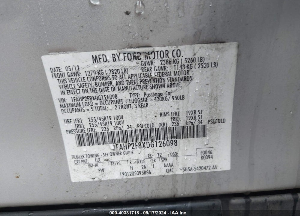 2013 FORD TAURUS LIMITED VIN: 1FAHP2F8XDG126098
