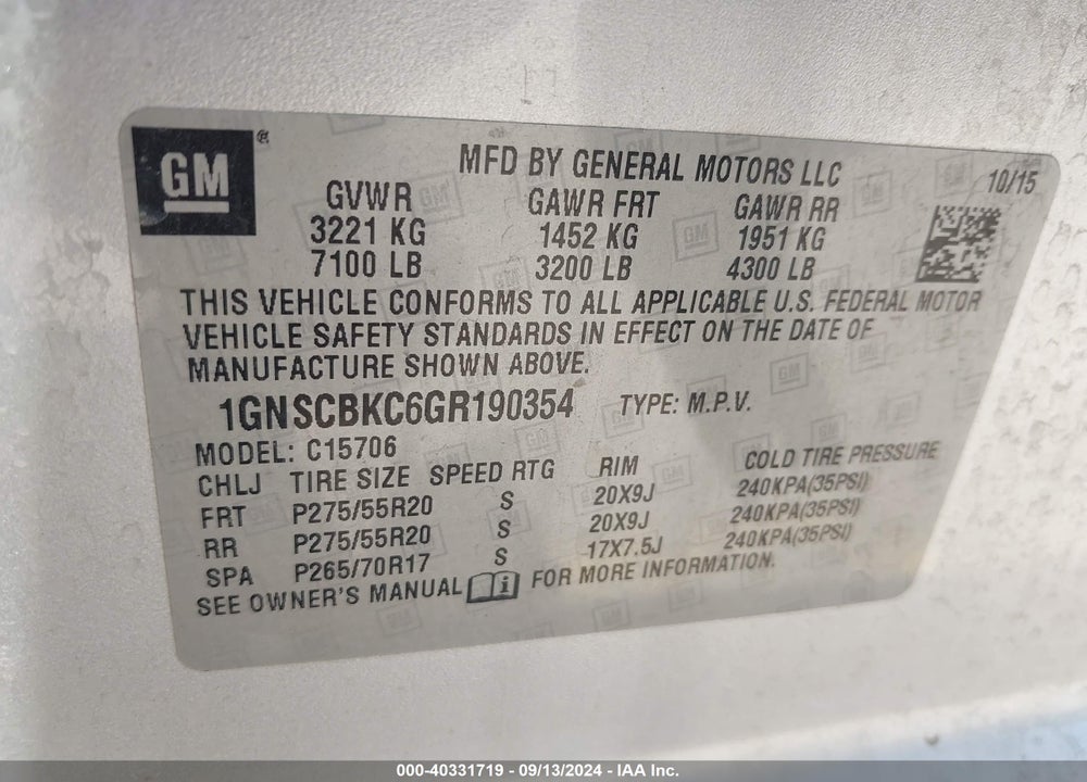 2016 CHEVROLET TAHOE LT VIN: 1GNSCBKC6GR190354