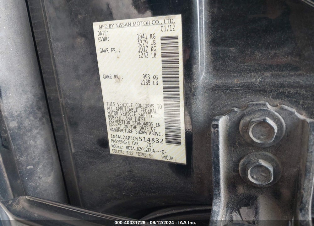 2012 NISSAN ALTIMA 2.5 S VIN: 1N4AL2AP5CN514832