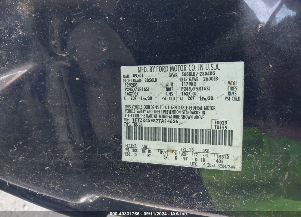 2002 FORD RANGER EDGE/XLT VIN: 1FTZR45E82TA14626