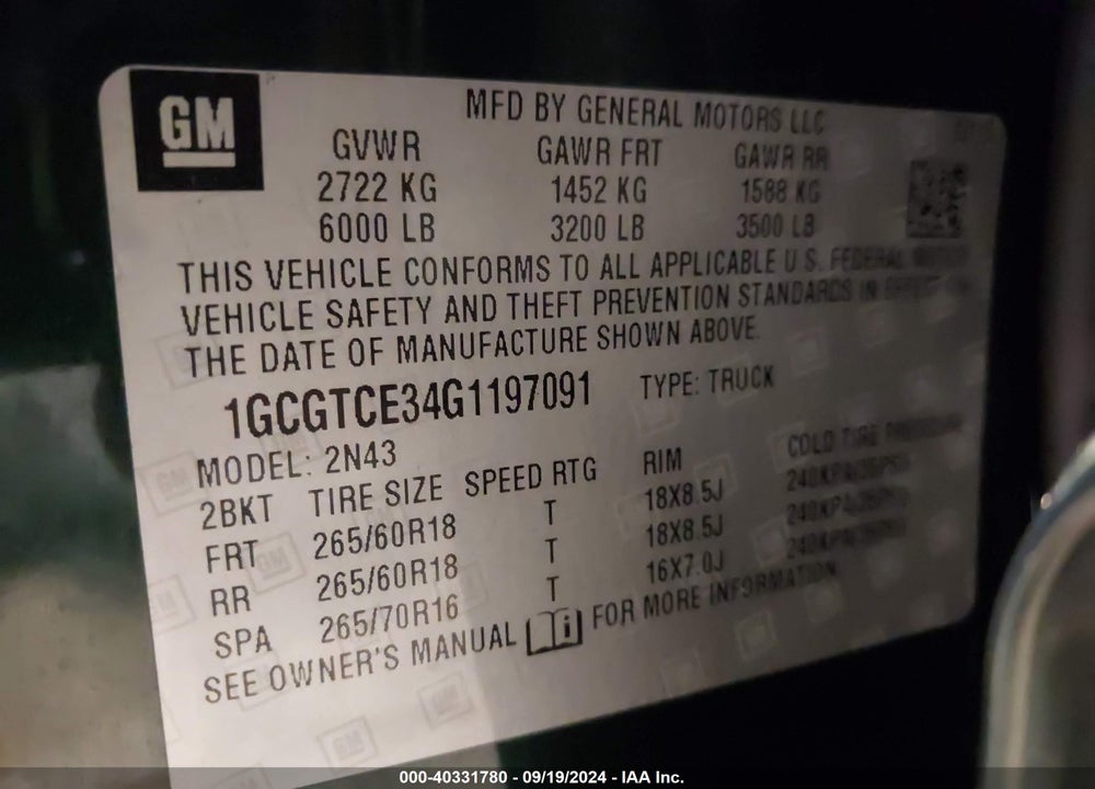 2016 CHEVROLET COLORADO LT VIN: 1GCGTCE34G1197091