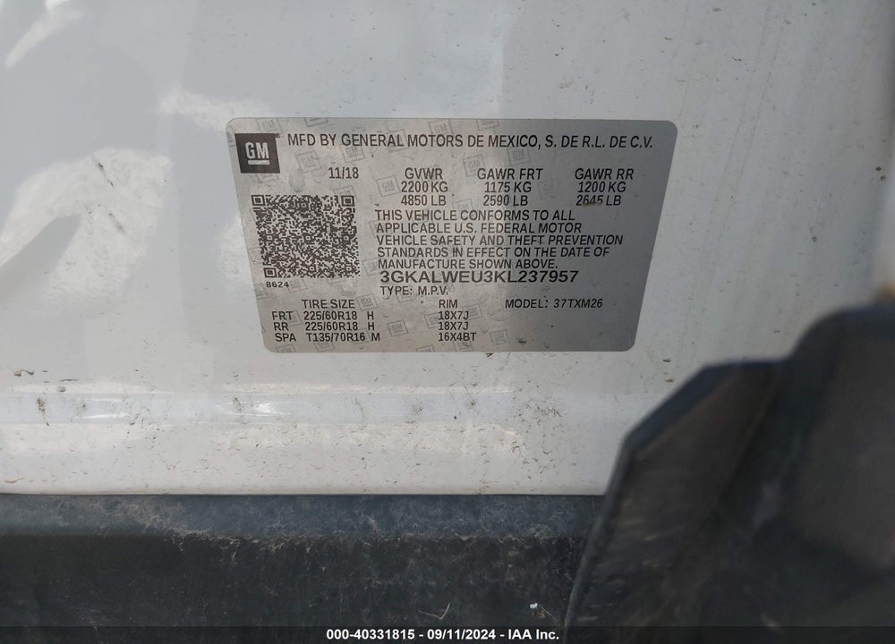 2019 GMC TERRAIN SLT DIESEL VIN: 3GKALWEU3KL237957