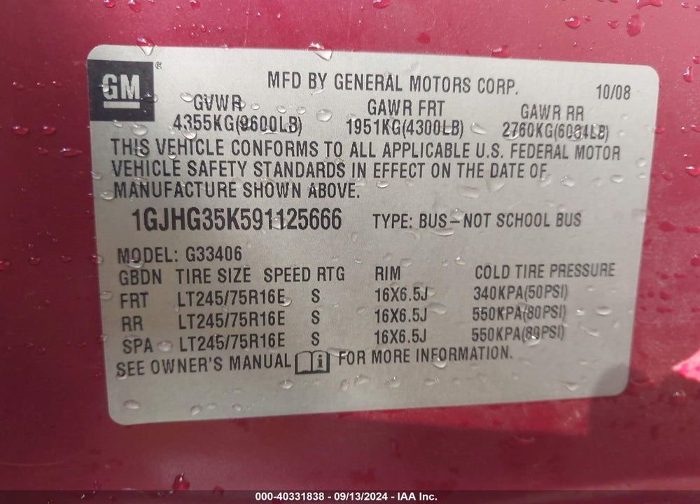 2009 GMC SAVANA 3500 LS VIN: 1GJHG35K591125666